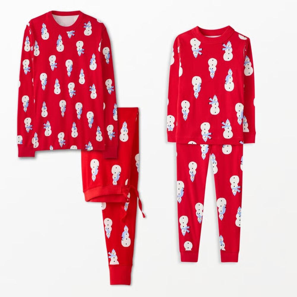 Hanna Andersson Adult Holiday Long John Pajama Set Snowmen on Red L NEW